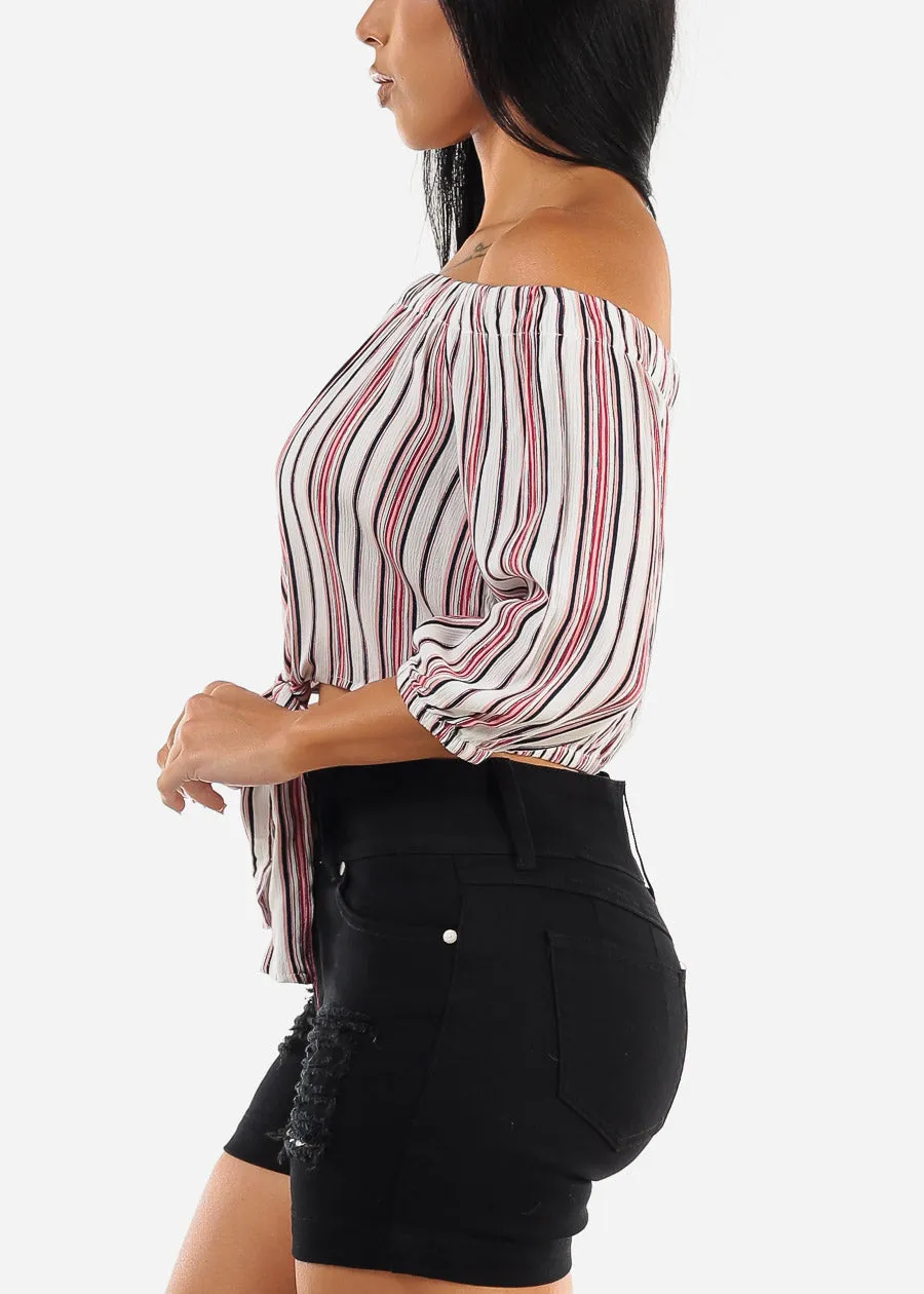 Stripe Off Shoulder Tie Front Crop Top Ivory sold by Moda product image thumbnail 3