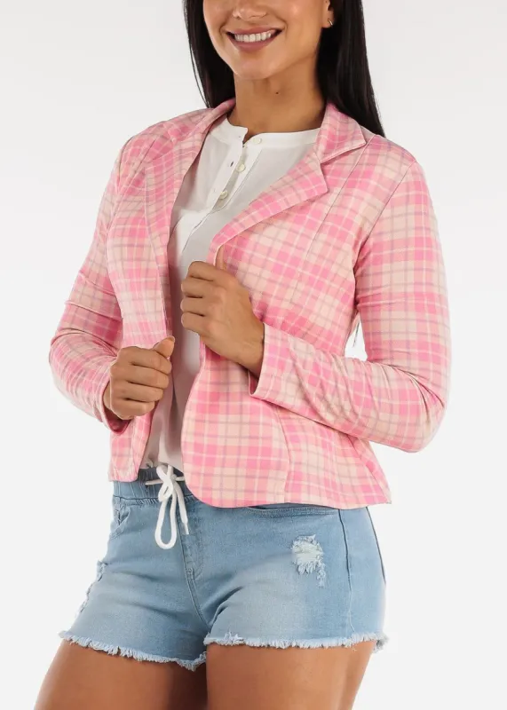 Long Sleeve Plaid Blazer Pink sold by Moda