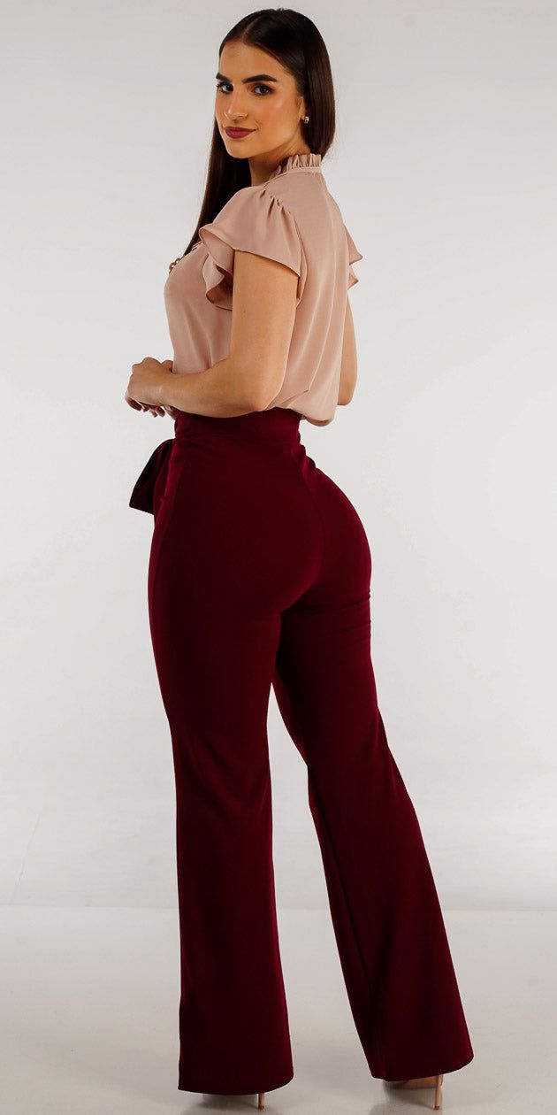 High Waisted Wide Legged Formal Pants with Short Sleeve Tie Neckline Blouse sold by Moda product image thumbnail 2