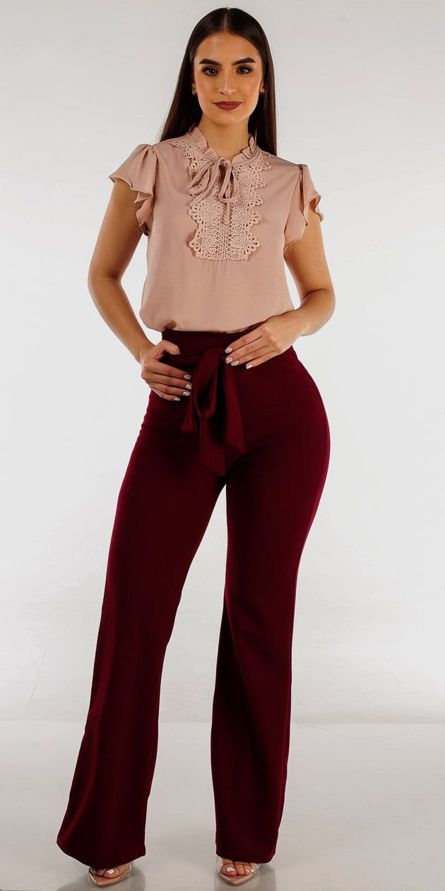 High Waisted Wide Legged Formal Pants with Short Sleeve Tie Neckline Blouse sold by Moda