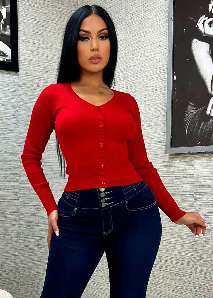 Vneck Long Sleeve Sweater Top Red sold by Moda