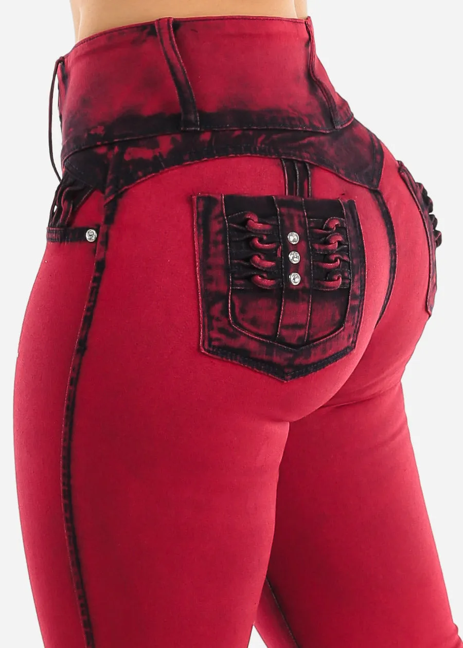Red Butt Lift Levantacola High Waisted Skinny Jeans sold by Moda
