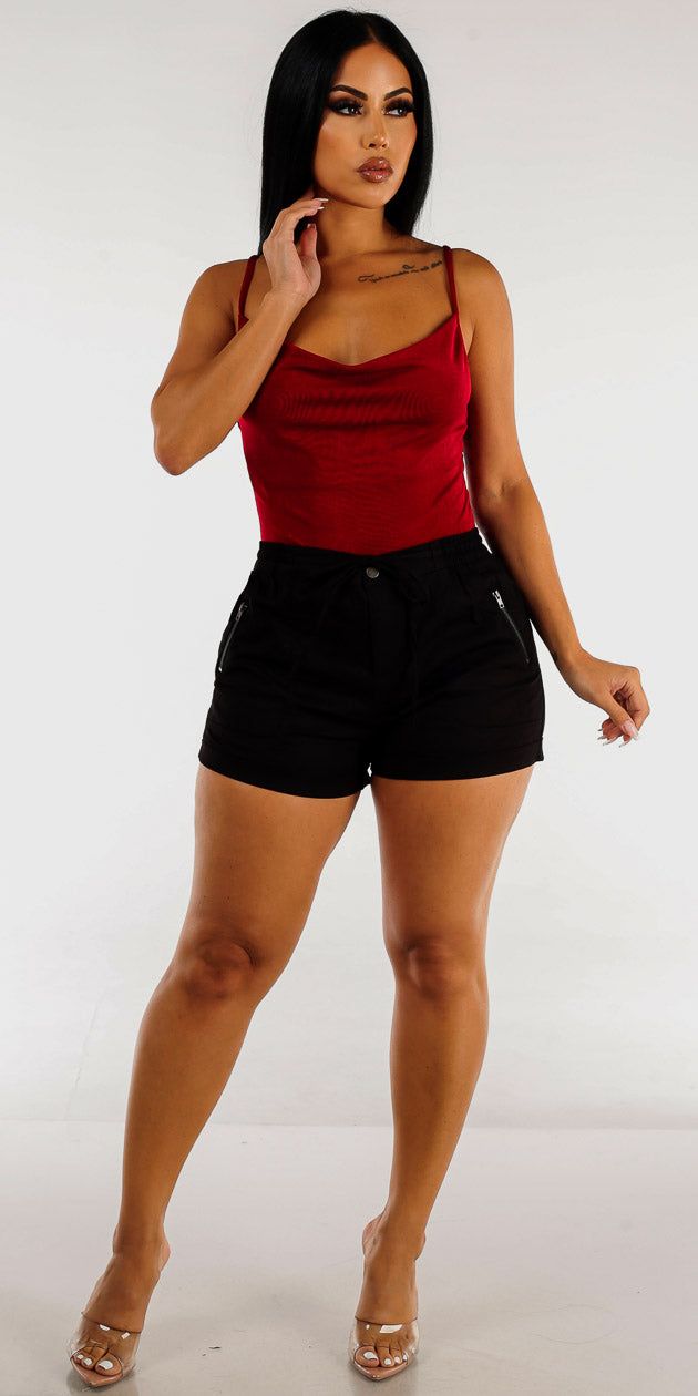 Black Lightweight Cuffed Denim Shorts with Red Sleeveless Thong Bodysuit sold by Moda