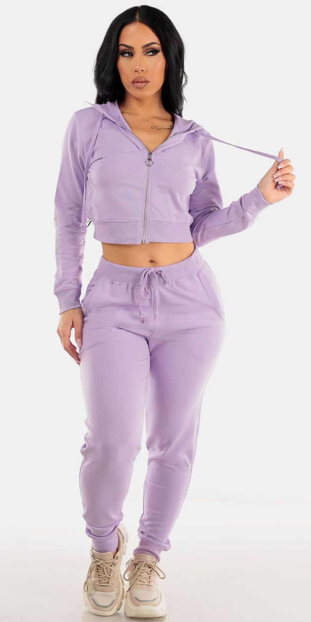 High Rise Lilac Jogger Pants with Lilac Long Sleeve Zip Up Cropped Hoodie sold by Moda