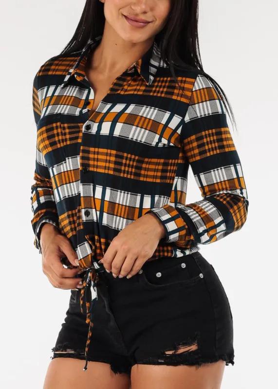 Drawstring Waist Button Up Plaid Shirt Teal & Mustard sold by Moda