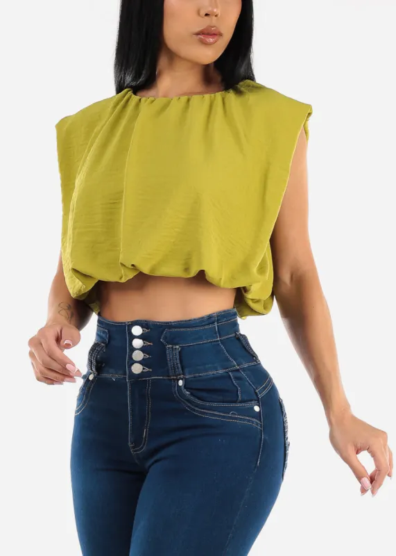 Sleeveless Bubble Hem Crop Top Light Green sold by Moda