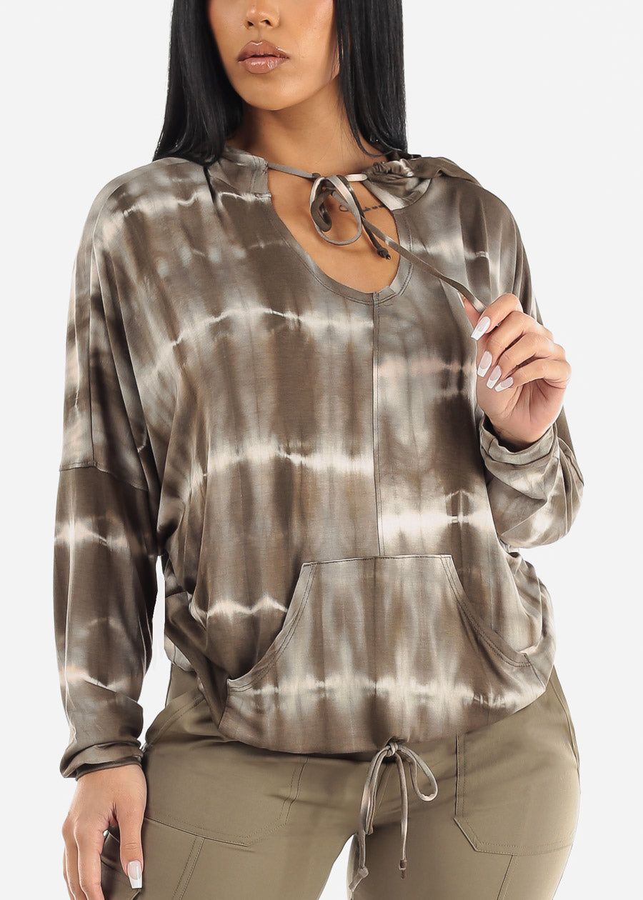 Tie Dye Long Sleeve Pullover Hoodie Olive sold by Moda