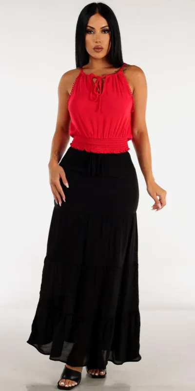 Black Smocked Waist Tiered Maxi Skirt with Red Halter Strap Neck Crop Top sold by Moda