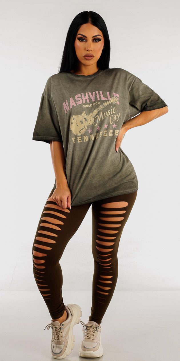 Cut Out Olive Leggings with Vintage Oversized Olive T-Shirt sold by Moda