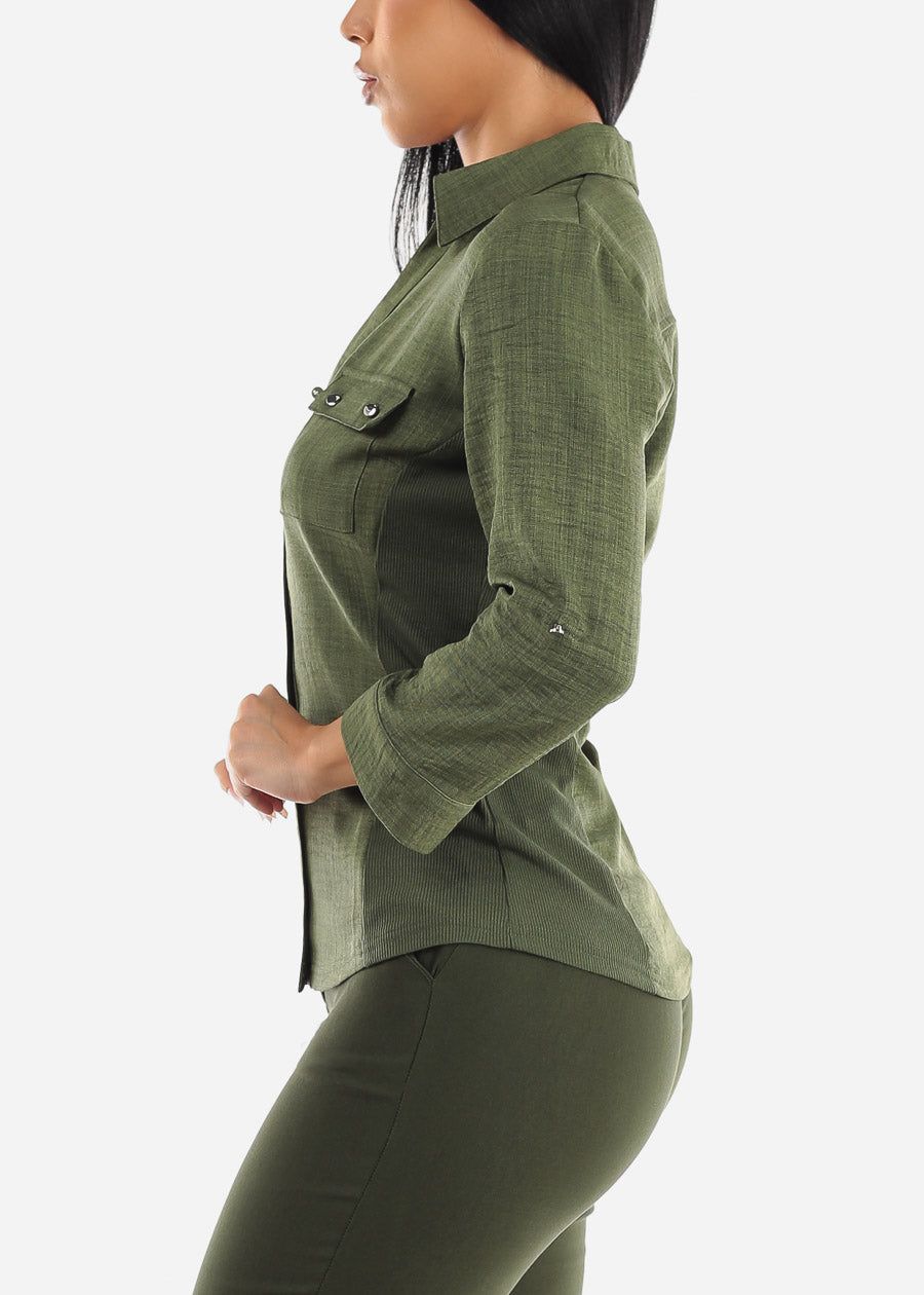 Button Up Shirt Olive Quarter Sleeve sold by Moda product image thumbnail 3
