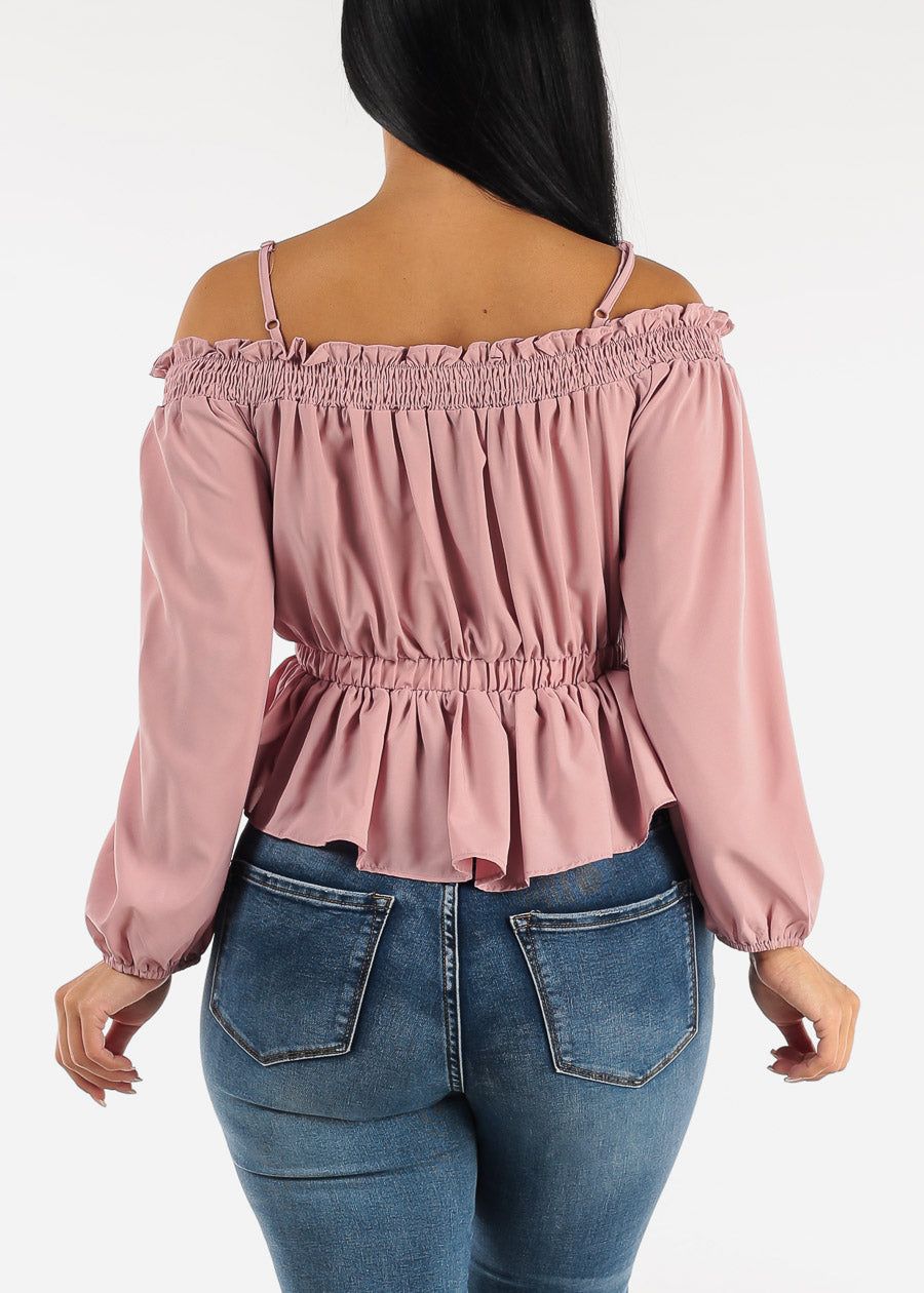 Mauve Off Shoulder Ruched Waist Blouse sold by Moda product image thumbnail 4