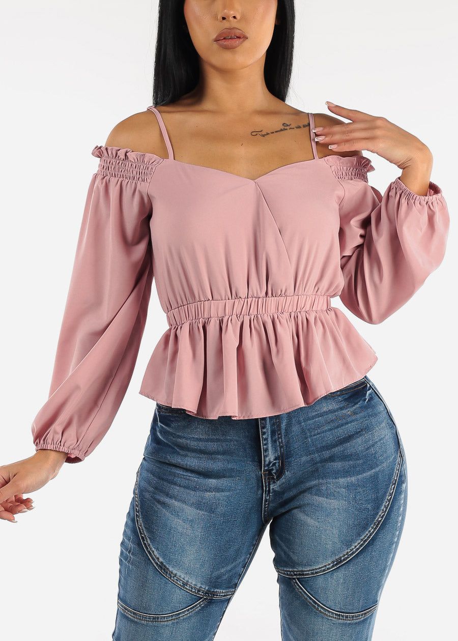 Mauve Off Shoulder Ruched Waist Blouse sold by Moda