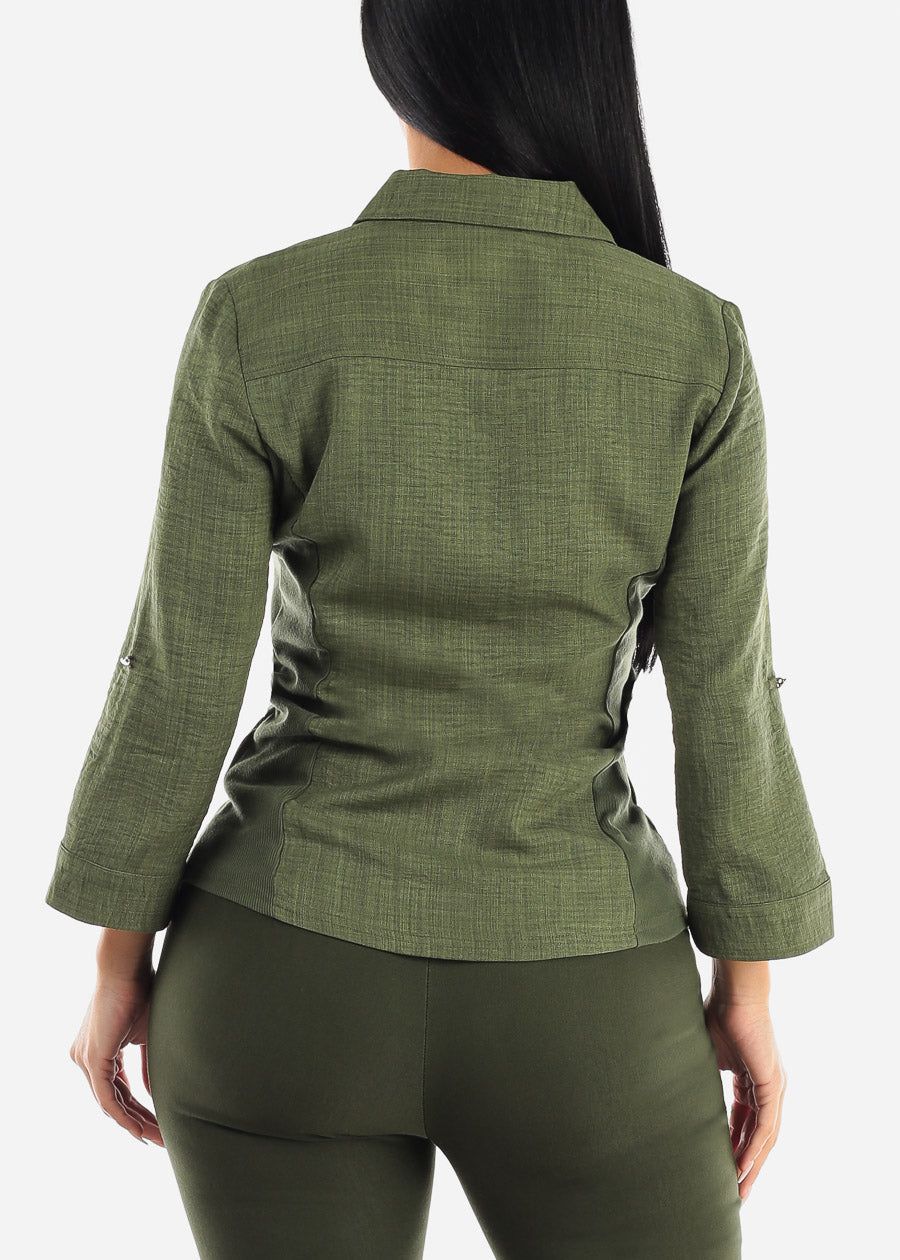Button Up Shirt Olive Quarter Sleeve sold by Moda product image thumbnail 4