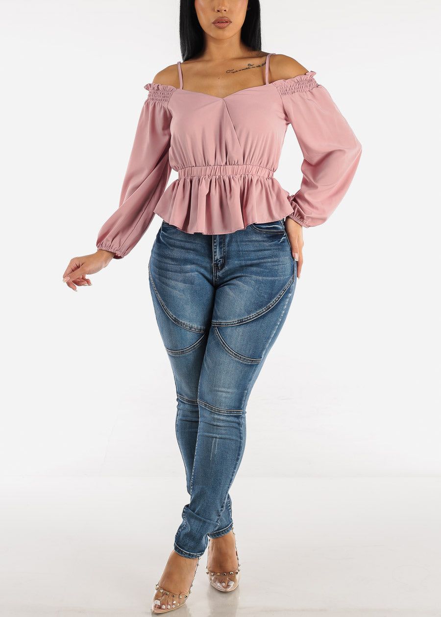 Mauve Off Shoulder Ruched Waist Blouse sold by Moda product image thumbnail 2