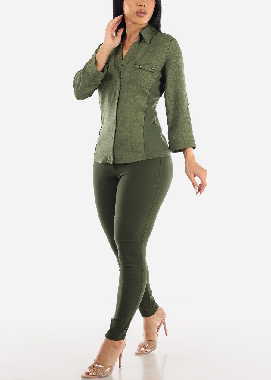 Button Up Shirt Olive Quarter Sleeve sold by Moda product image thumbnail 2
