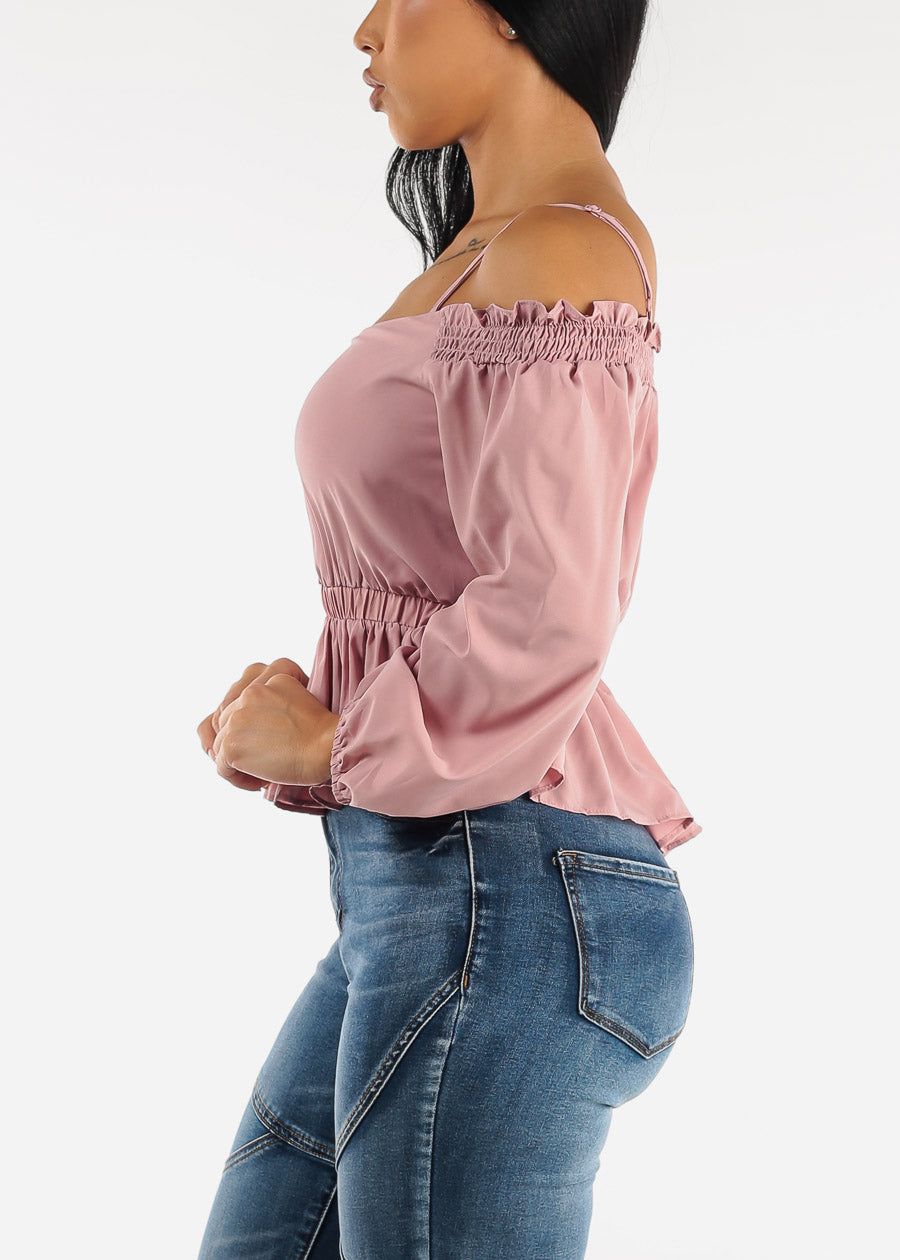 Mauve Off Shoulder Ruched Waist Blouse sold by Moda product image thumbnail 3