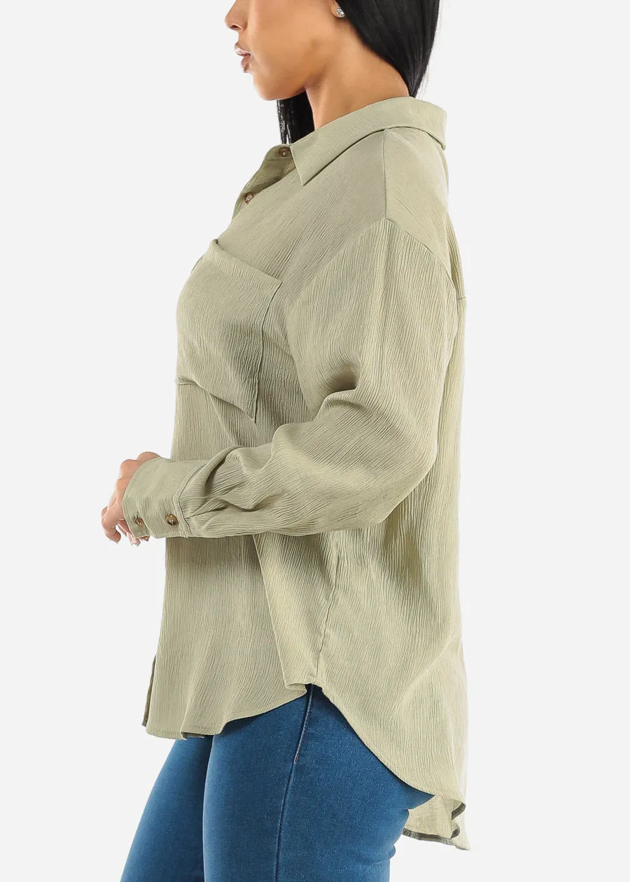 Long Sleeve Textured Button Down Shirt Light Olive sold by Moda product image thumbnail 3
