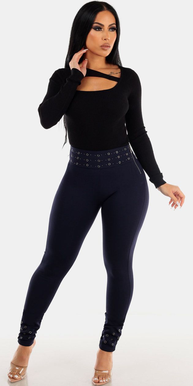 Navy Butt Lifting Skinny Pants with Black Long Sleeve Cut Out Sweater Top sold by Moda