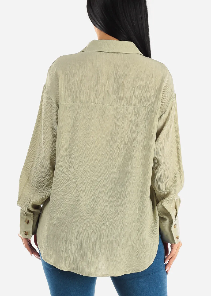 Long Sleeve Textured Button Down Shirt Light Olive sold by Moda product image thumbnail 4
