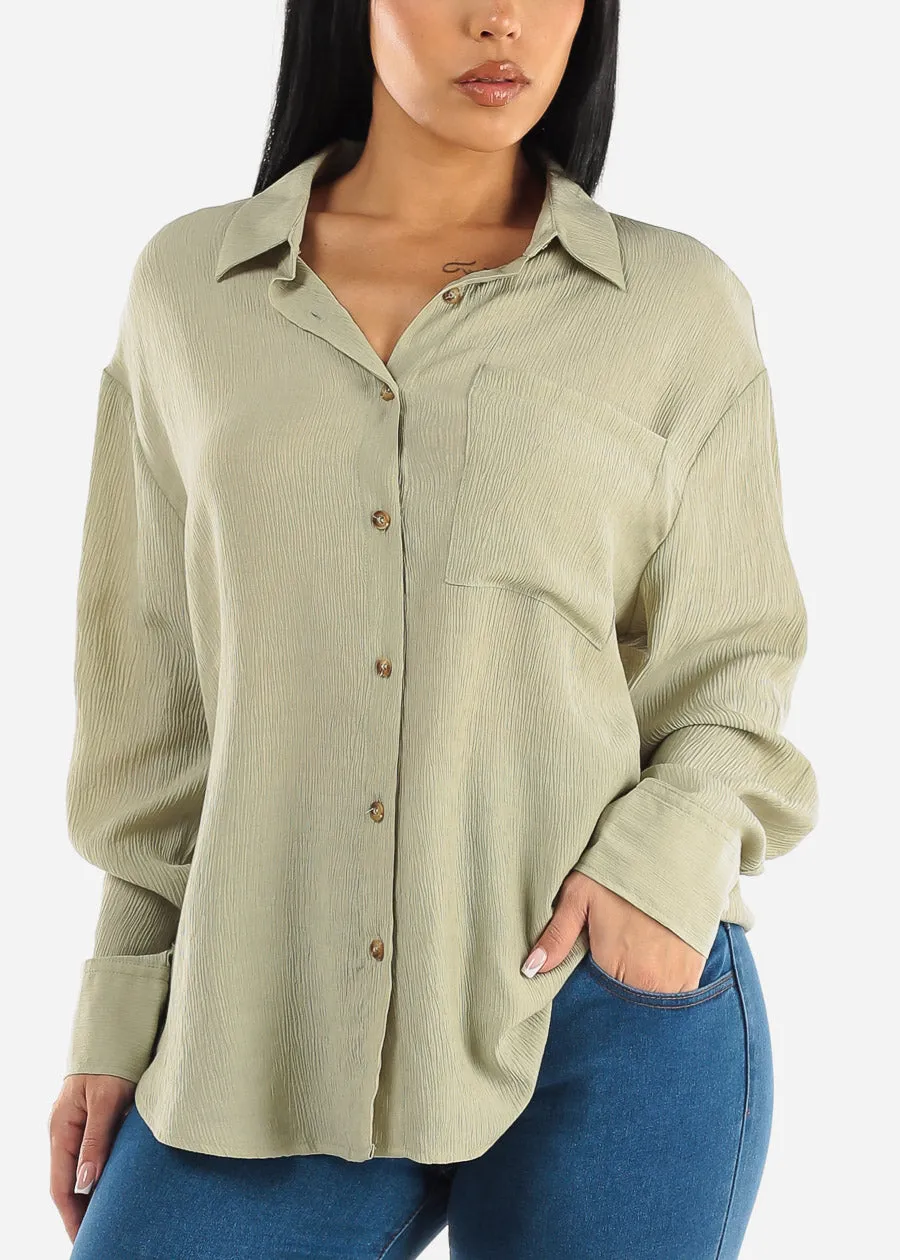 Long Sleeve Textured Button Down Shirt Light Olive sold by Moda