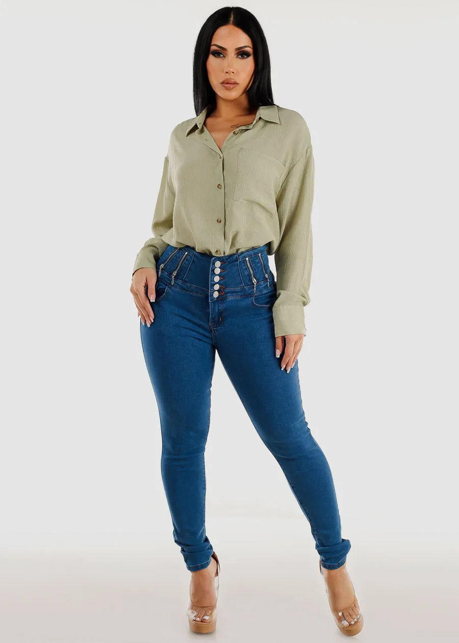 Long Sleeve Textured Button Down Shirt Light Olive sold by Moda product image thumbnail 2