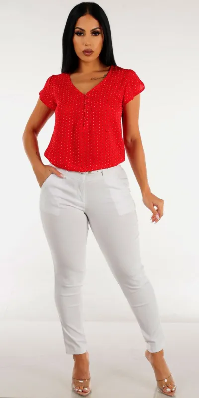 Mid Rise White Belted Dress Pants with Short Sleeve Red Polka Dot Blouse sold by Moda