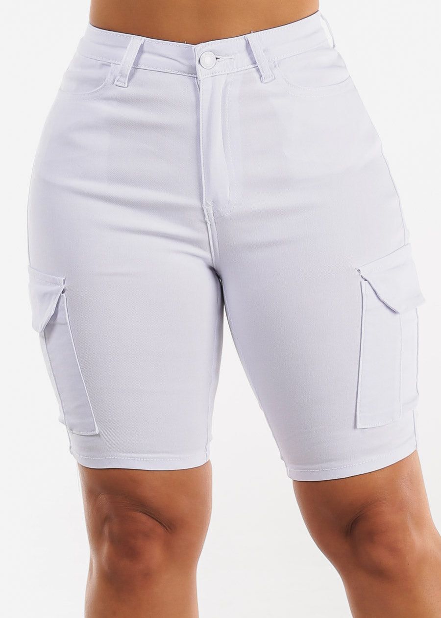 White High Waist Hyper Stretch Cargo Bermuda Shorts sold by Moda