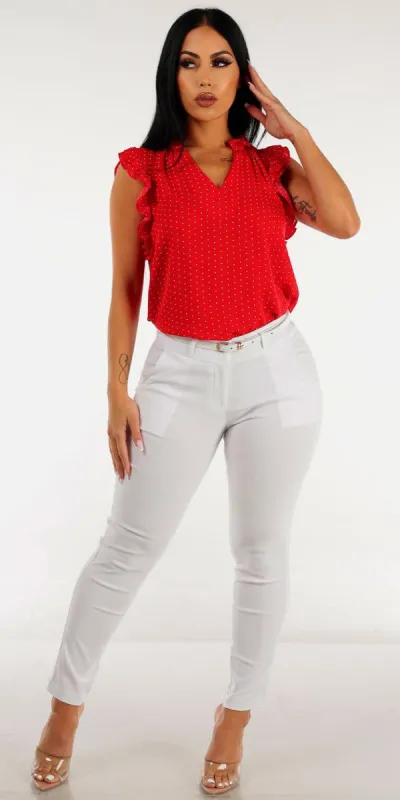 White Mid Rise Dressy Skinny Pants with Sleeveless Red Polka Dot Blouse sold by Moda