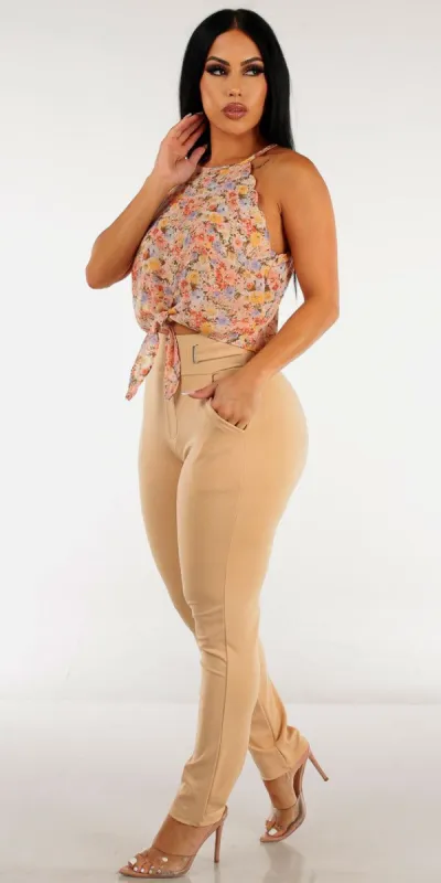 Khaki High Rise Straight Dressy Skinny Pants with Halter Tie Front Floral Blouse sold by Moda