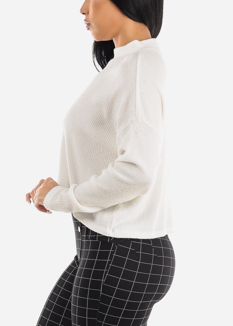 White Long Sleeve Mock Neck Hacci Sweater Crop Top sold by Moda product image thumbnail 3
