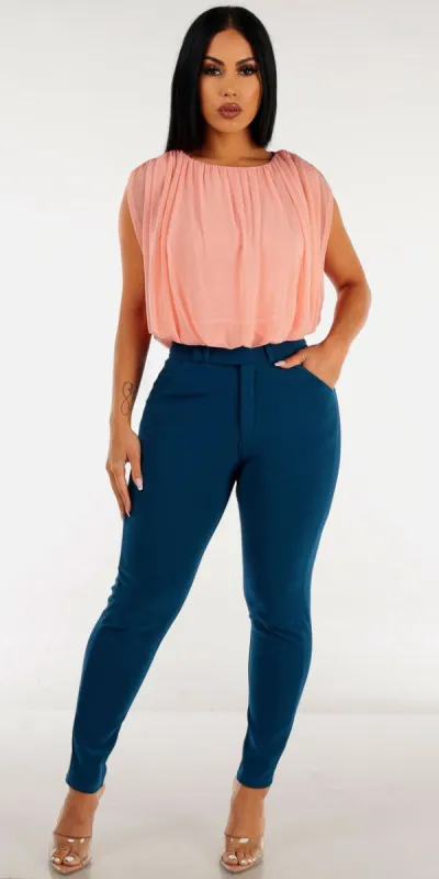 High Waisted Teal Dressy Skinny Pants with Light Pink Sleeveless Pleated Blouse sold by Moda