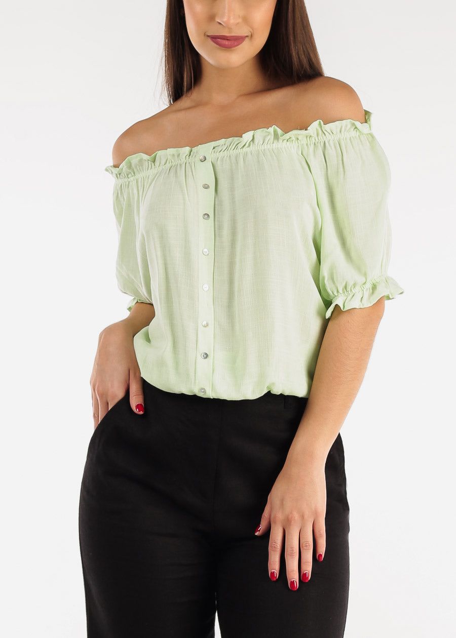 Off Shoulder Button Front Rayon Top Mint sold by Moda