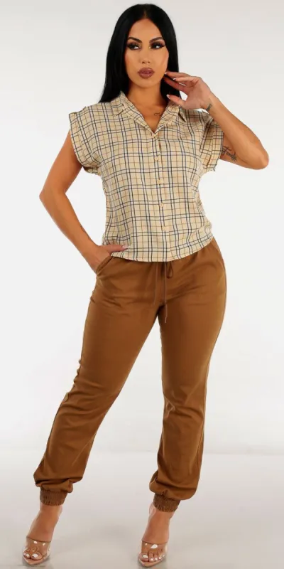 High Drawstring Waist Camel Joggers with Short Sleeve Plaid Button Up Shirt sold by Moda