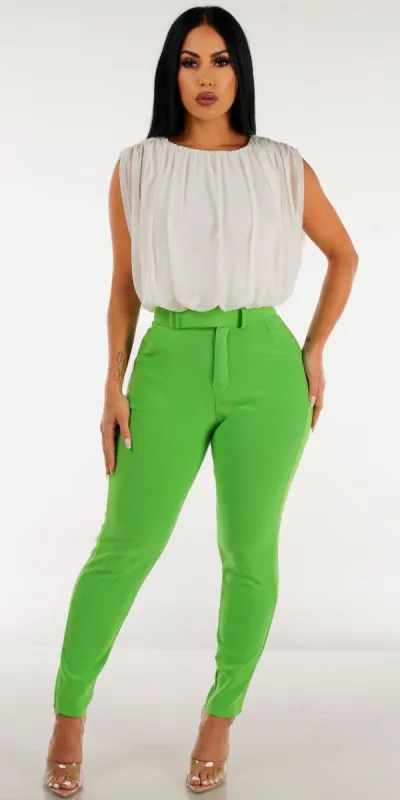 High Waisted Green Dressy Skinny Pants with White Sleeveless Pleated Top sold by Moda