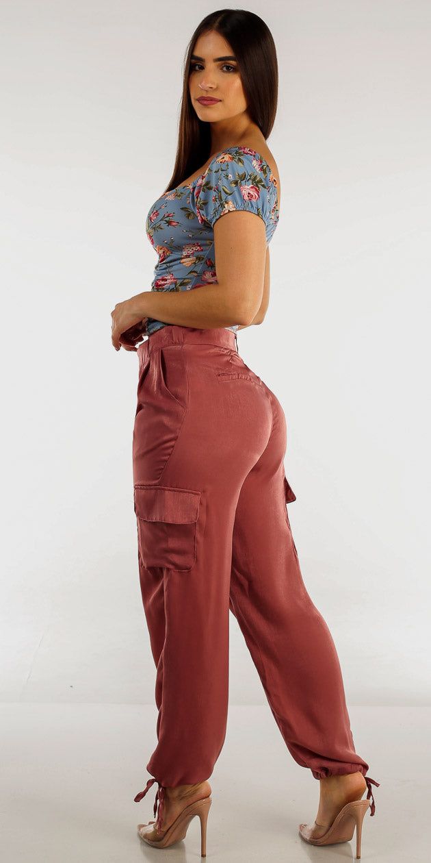 High Rise Dusty Pink Cargo Pants with Ruched Short Sleeve Blue Floral Top sold by Moda product image thumbnail 2