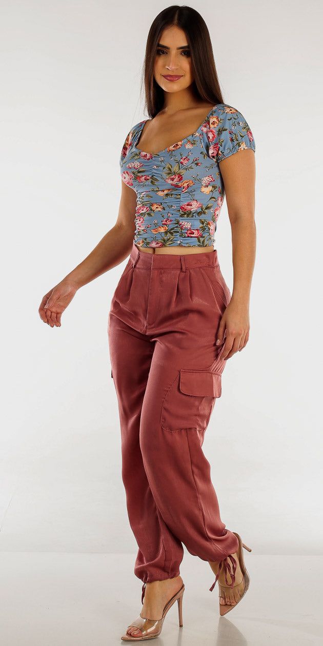 High Rise Dusty Pink Cargo Pants with Ruched Short Sleeve Blue Floral Top sold by Moda