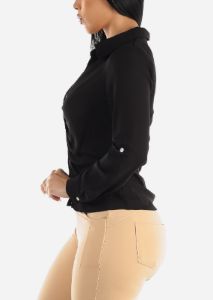 Black Long Sleeve Button Down Ruched Collared Blouse sold by Moda
