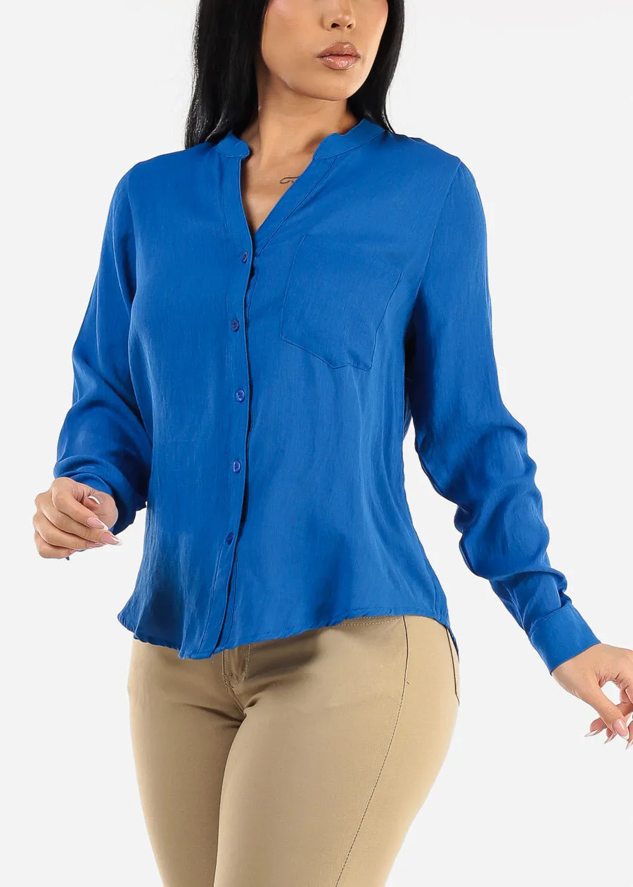 Vneck Long Sleeve Button Down Shirt Royal Blue sold by Moda