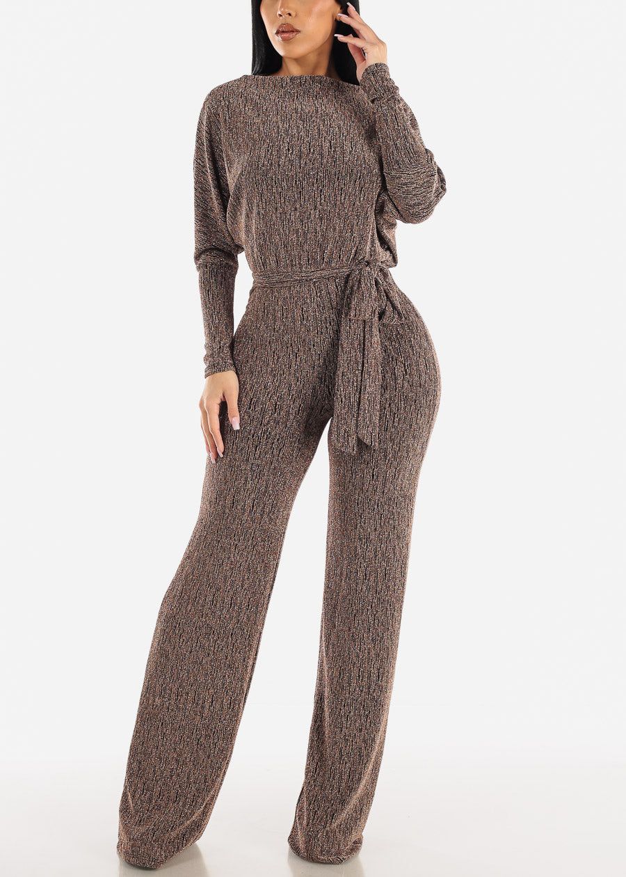 Gold Metallic Stretchy Off Shoulder Jumpsuit w Belt sold by Moda