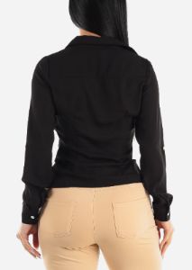 Black Long Sleeve Button Down Ruched Collared Blouse sold by Moda