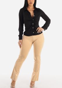 Black Long Sleeve Button Down Ruched Collared Blouse sold by Moda