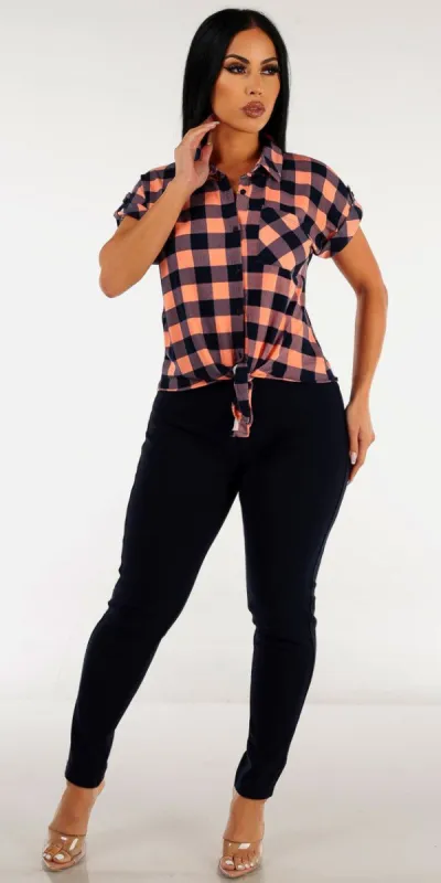 Navy Levantacola Skinny Pants with Mauve Tie Front Plaid Button Up Shirt sold by Moda