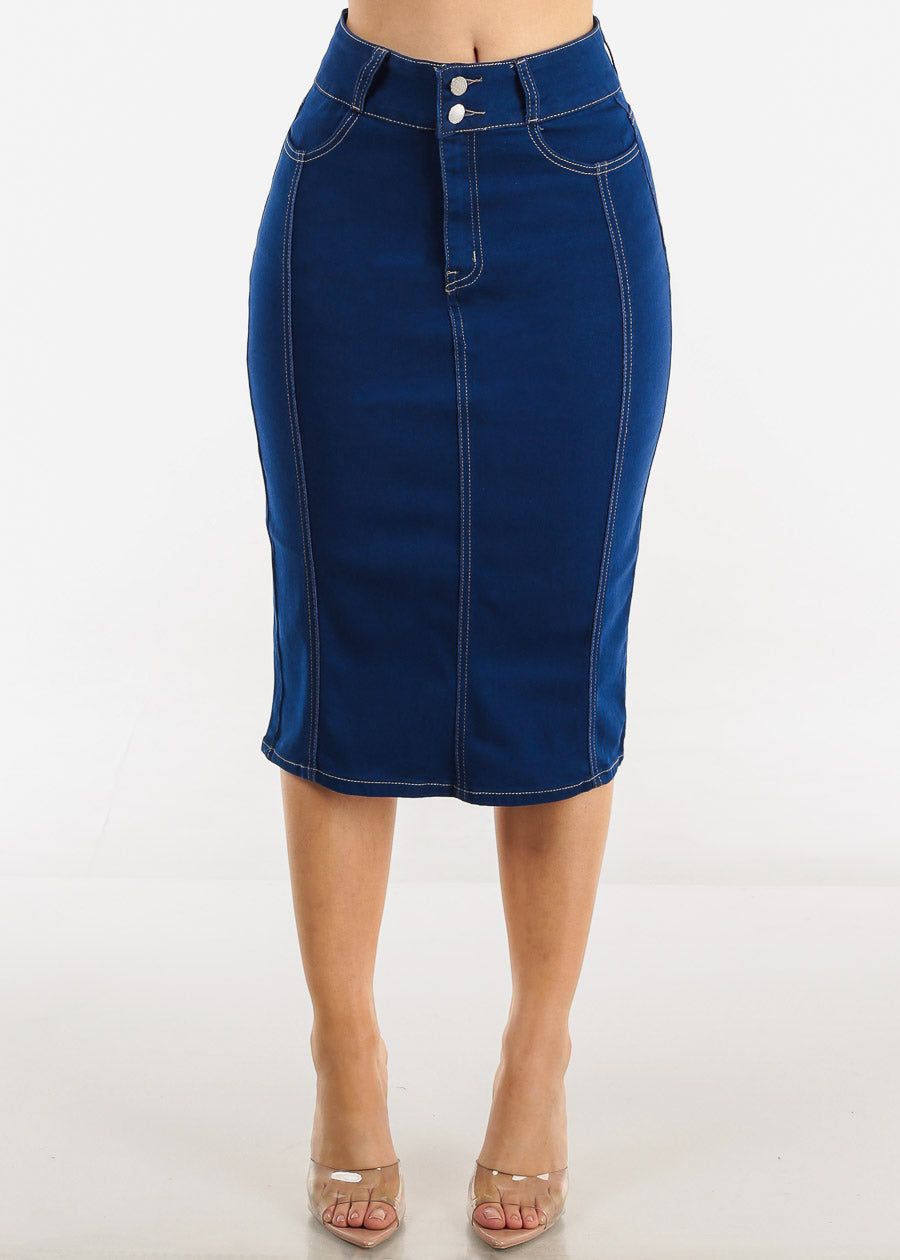 High Waist Royal Blue Denim Midi Pencil skirt sold by Moda