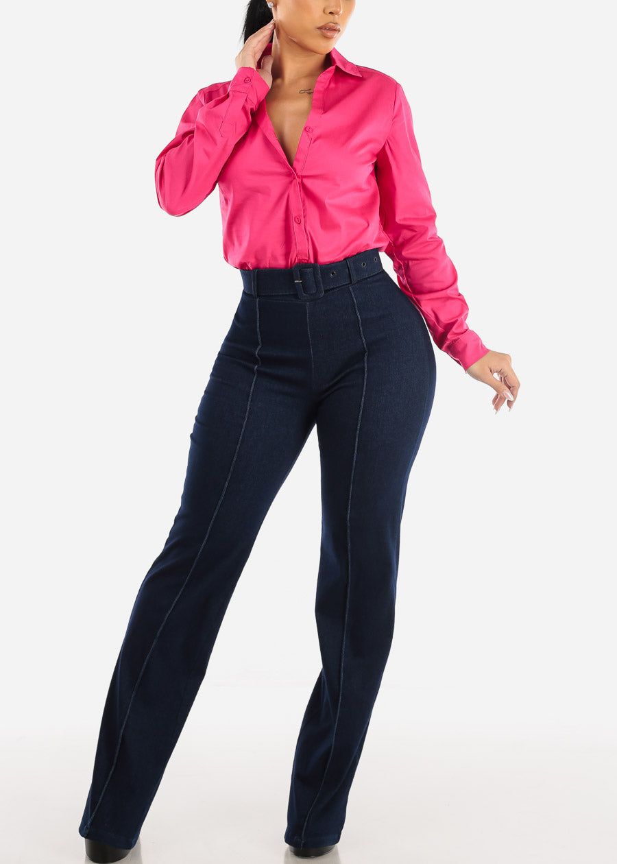 Long Sleeve Button Down Collared Bodysuit Fuchsia sold by Moda product image thumbnail 2