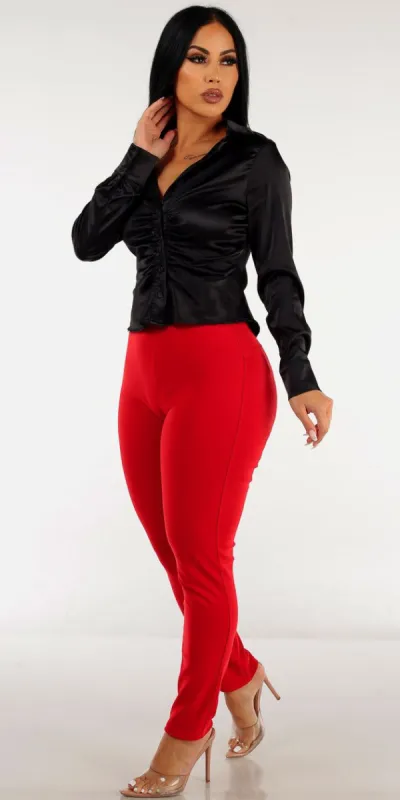 Red Levantacola Dressy Skinny Pants with Black Satin Button Up Ruched Shirt sold by Moda