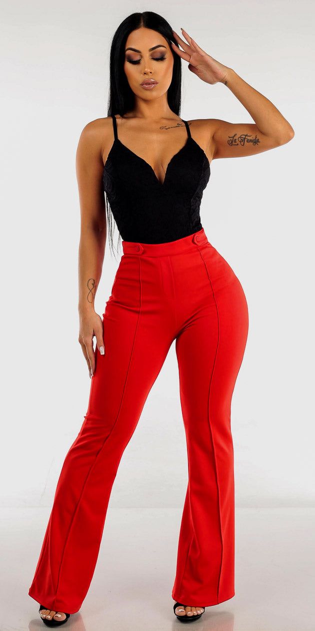 Red High Waisted Wide Legged Pants with Black Sleeveless Vneck Lace Bodysuit sold by Moda