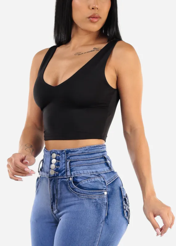 Double Layered Black Vneck Crop Top sold by Moda