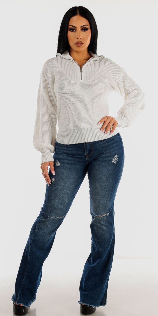 High Waisted Ripped Dark Wash Flared Jeans with White Mock Neck Half Zip Up Pullover Sweater sold by Moda