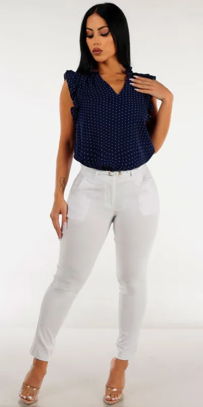 White Mid Rise Dressy Skinny Pants with Sleeveless Navy Polka Dot Blouse sold by Moda