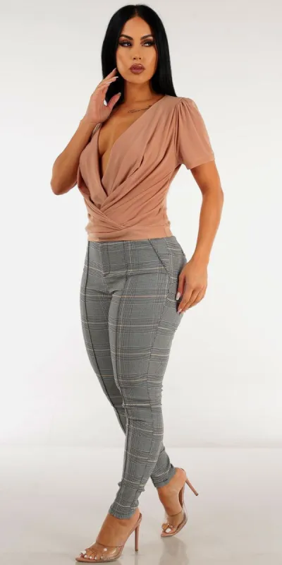 High Waisted Checkered Skinny Pants with Short Sleeve Surplice Tan Blouse sold by Moda